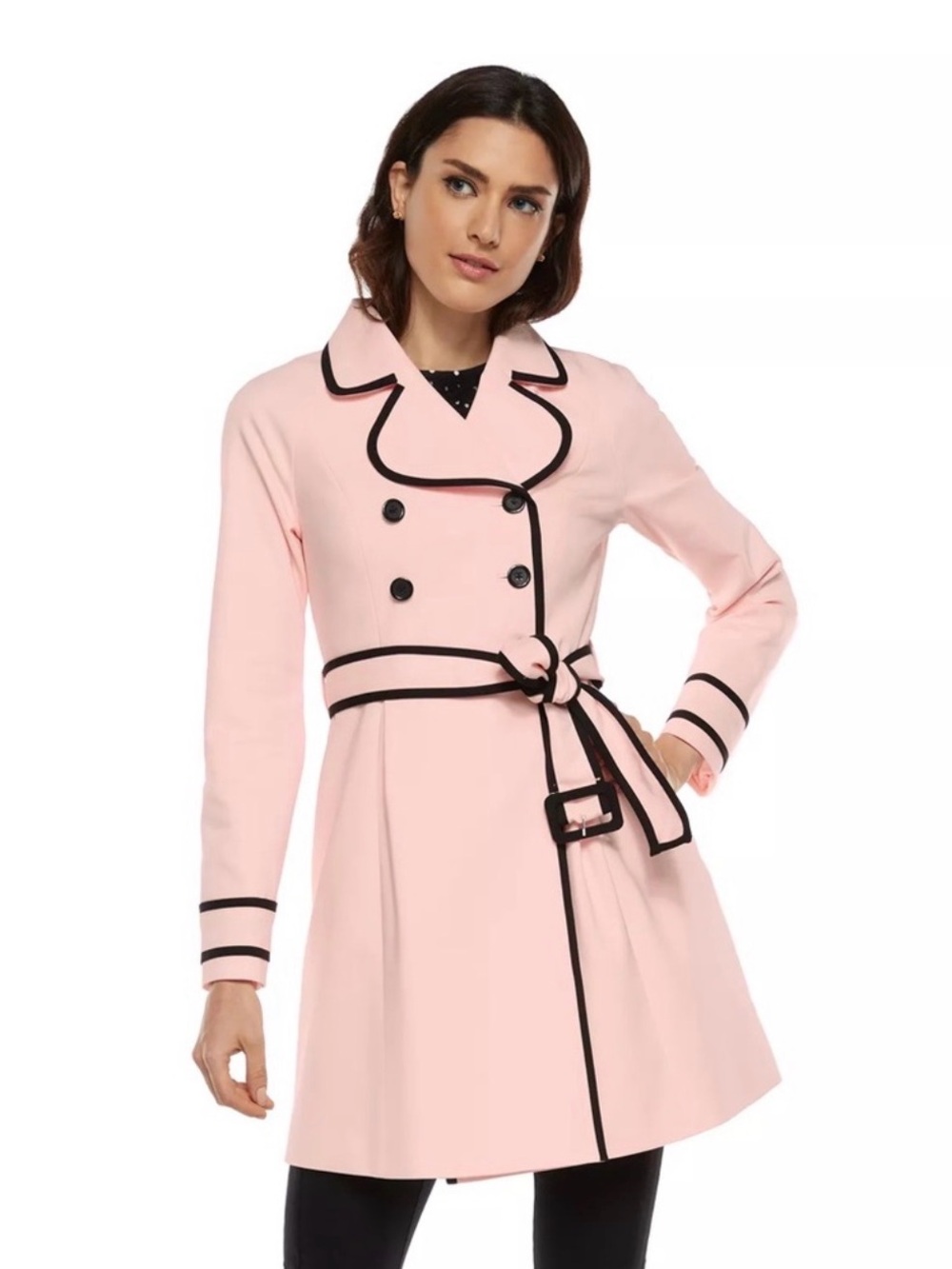 Elle Trench Coat Women 12 Pink Blush Double Breasted Belted Black Piping Trim
